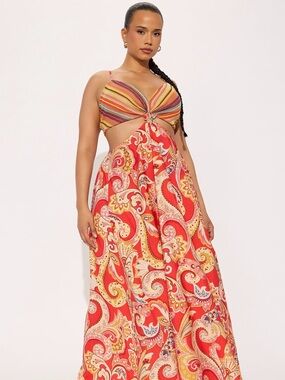 Red Paisley Cutout Maxi Dress